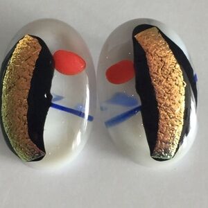 Fused Art Glass Oval Earrings White Gold Red Stainless Steel Studs 1" EUC